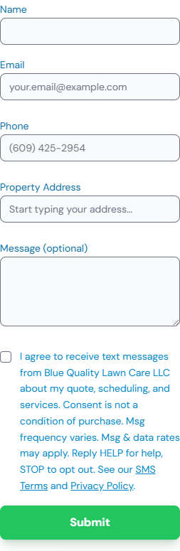 Blue Lawns contact form at bluelawns.com/contact, showing the unchecked SMS-consent checkbox with its full label and links to SMS Terms and Privacy Policy, above the Submit button.